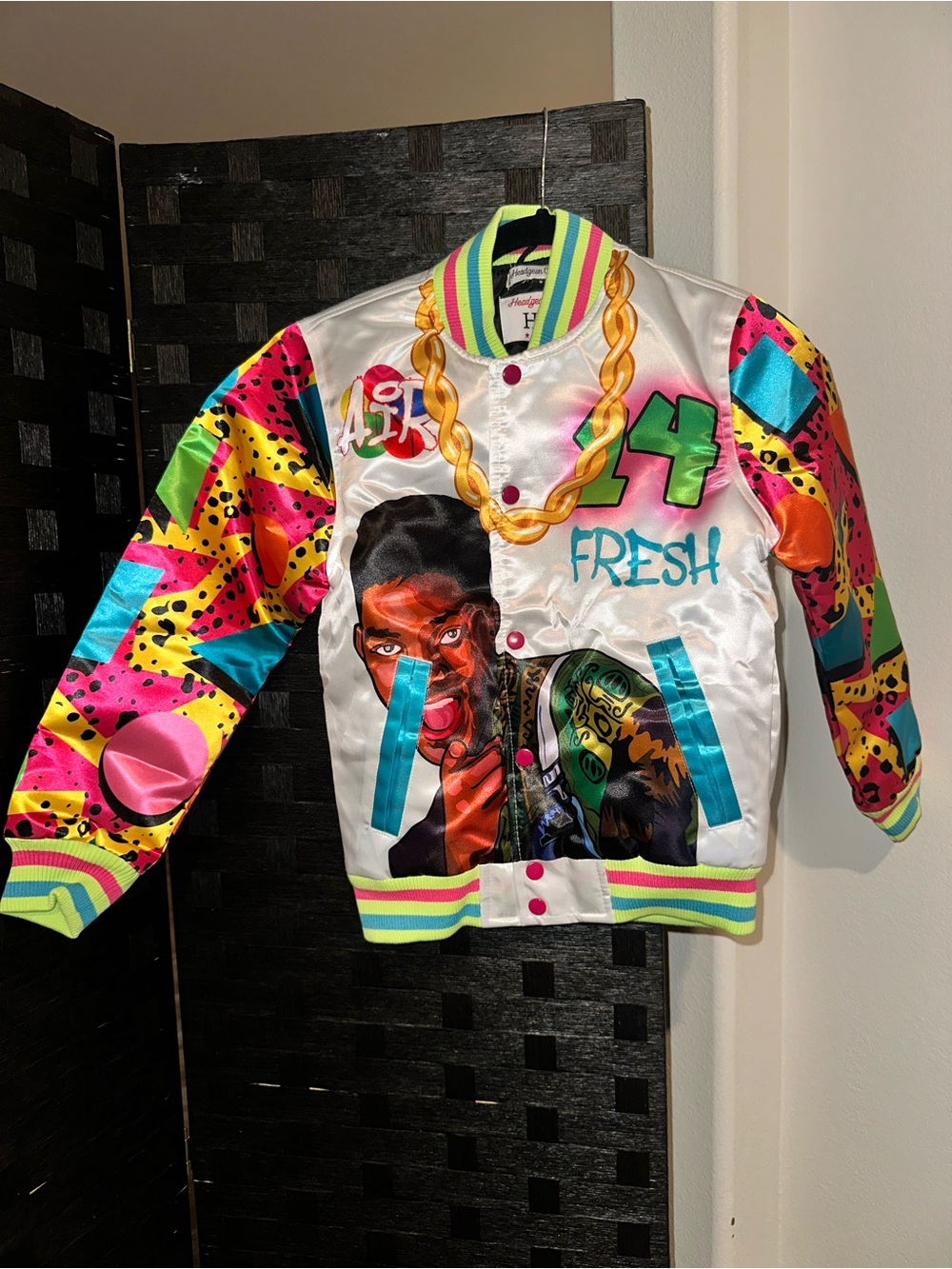Vibrant 'Fresh Prince' Graphic Satin Bomber Jacket - Neon Colors